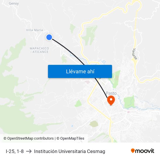 I-25, 1-8 to Institución Universitaria Cesmag map