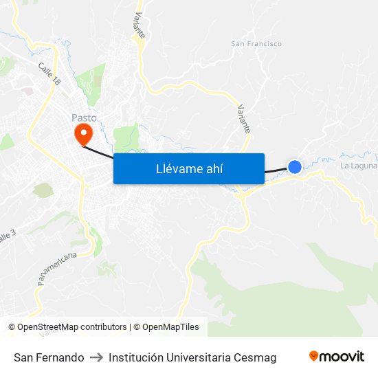 San Fernando to Institución Universitaria Cesmag map