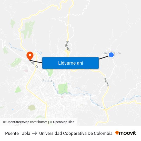 Puente Tabla to Universidad Cooperativa De Colombia map