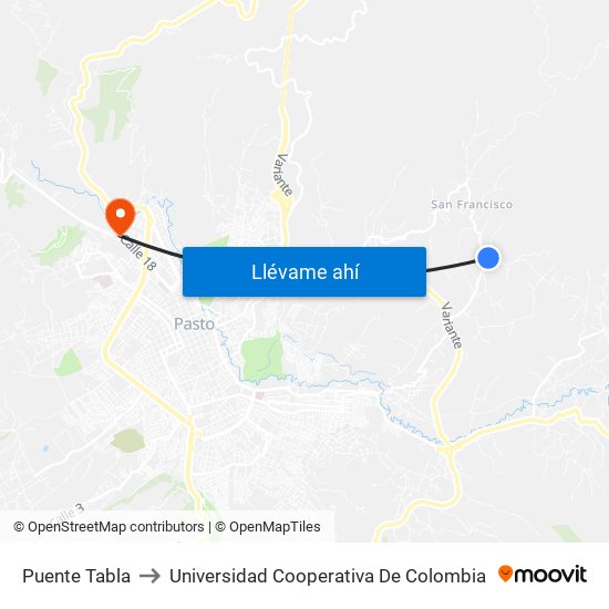Puente Tabla to Universidad Cooperativa De Colombia map