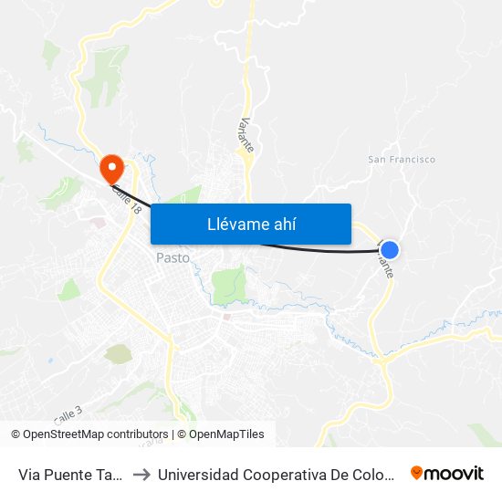 Via Puente Tabla to Universidad Cooperativa De Colombia map