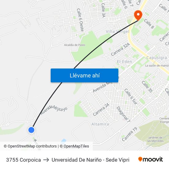 3755 Corpoica to Unversidad De Nariño - Sede Vipri map