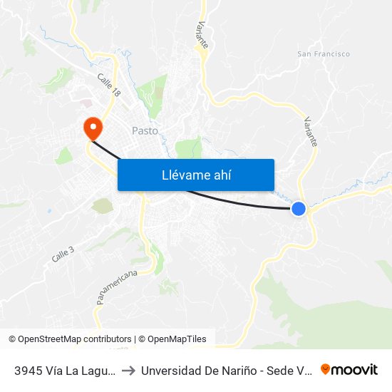 3945 Vía La Laguna to Unversidad De Nariño - Sede Vipri map