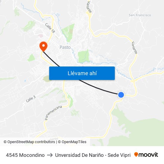 4545 Mocondino to Unversidad De Nariño - Sede Vipri map
