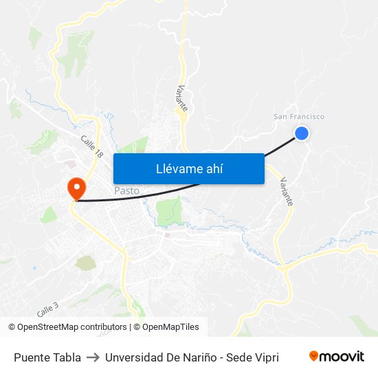Puente Tabla to Unversidad De Nariño - Sede Vipri map
