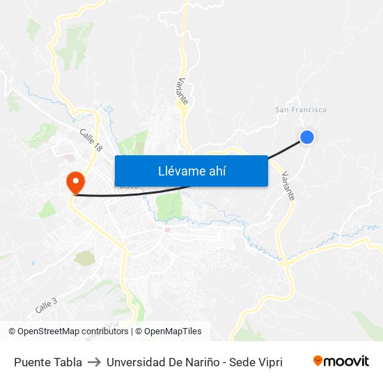Puente Tabla to Unversidad De Nariño - Sede Vipri map