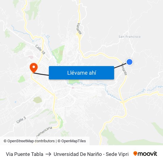 Via Puente Tabla to Unversidad De Nariño - Sede Vipri map