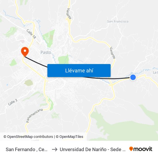 San Fernando , Centro to Unversidad De Nariño - Sede Vipri map