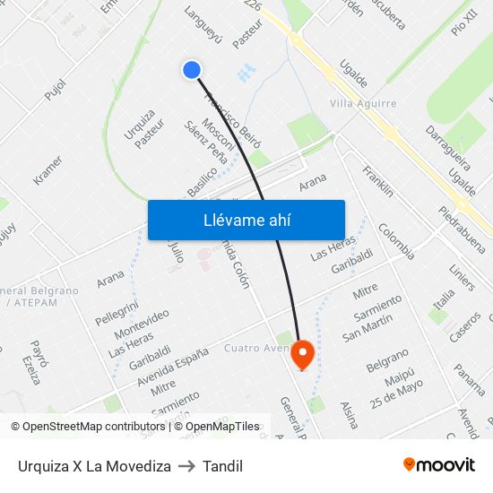 Urquiza X La Movediza to Tandil map