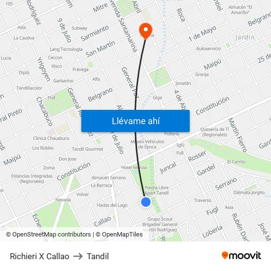 Richieri X Callao to Tandil map