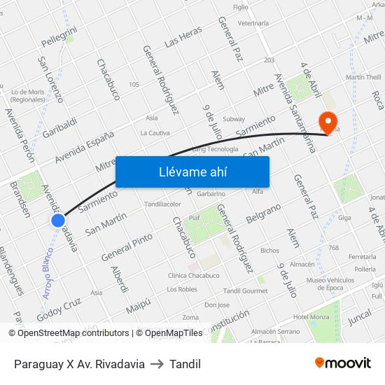 Paraguay X Av. Rivadavia to Tandil map