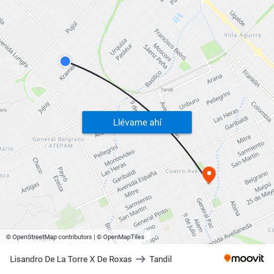 Lisandro De La Torre X De Roxas to Tandil map