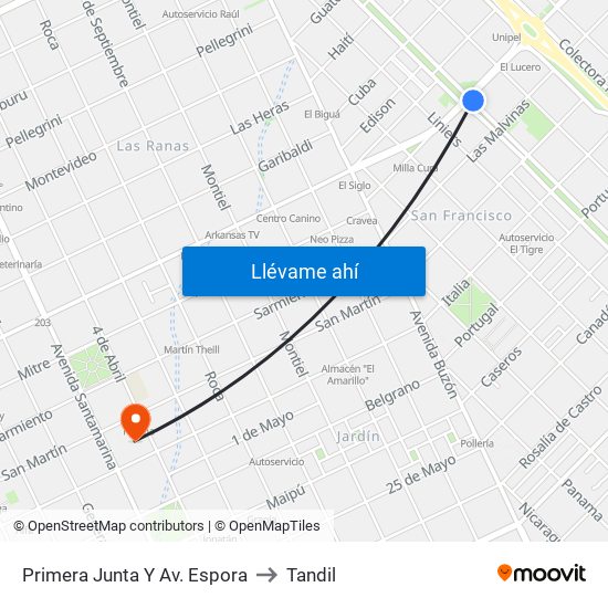 Primera Junta Y Av. Espora to Tandil map