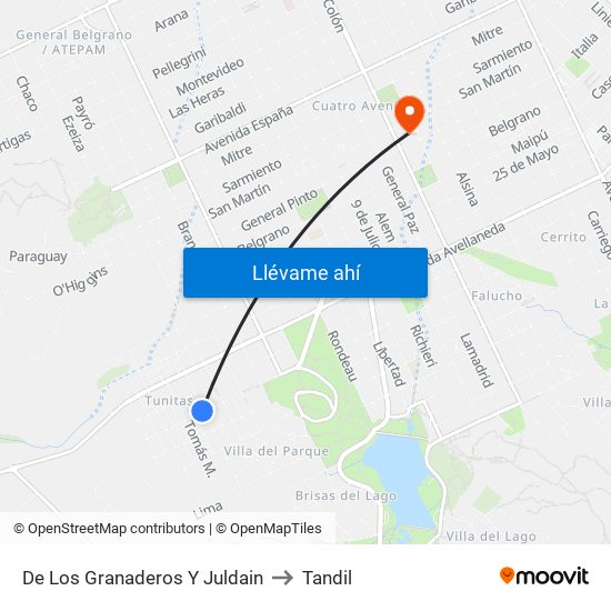 De Los Granaderos Y Juldain to Tandil map