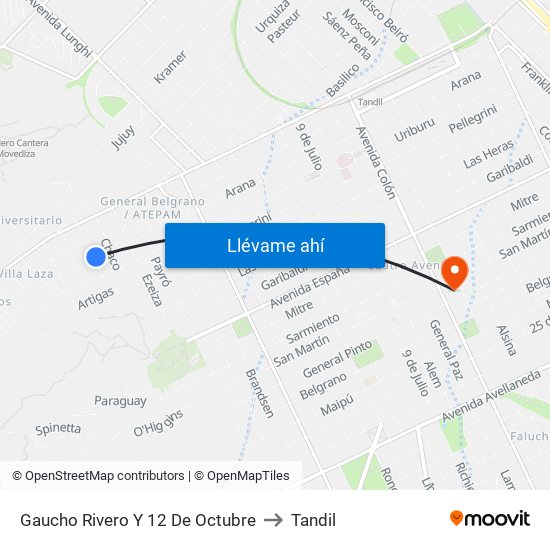 Gaucho Rivero Y 12 De Octubre to Tandil map