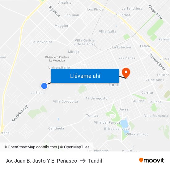 Av. Juan B. Justo Y El Peñasco to Tandil map