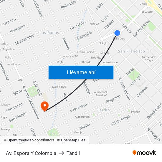 Av. Espora Y Colombia to Tandil map