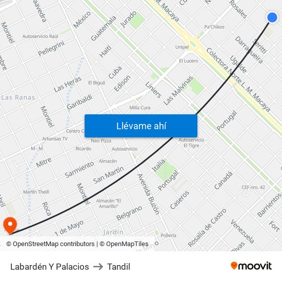 Labardén Y Palacios to Tandil map