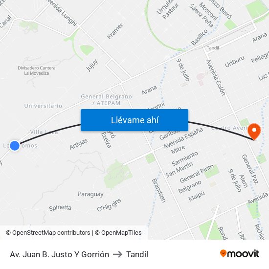Av. Juan B. Justo Y Gorrión to Tandil map
