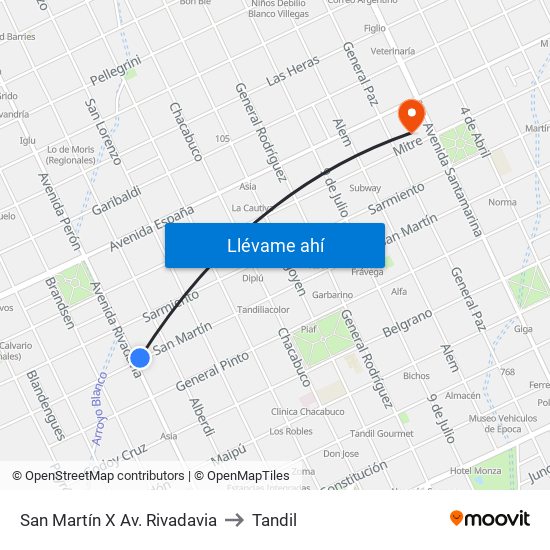 San Martín X Av. Rivadavia to Tandil map