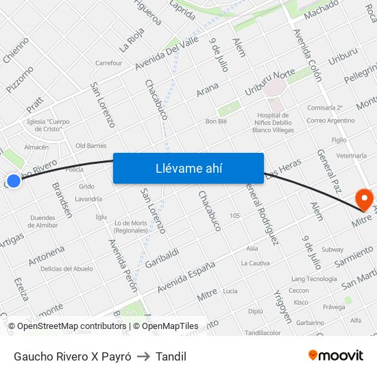 Gaucho Rivero X Payró to Tandil map