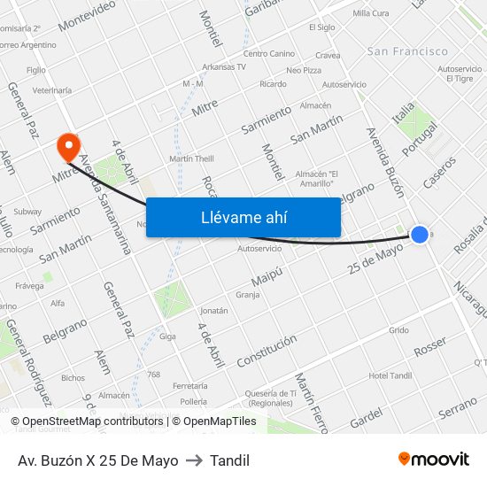 Av. Buzón X 25 De Mayo to Tandil map