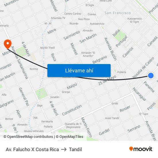 Av. Falucho X Costa Rica to Tandil map