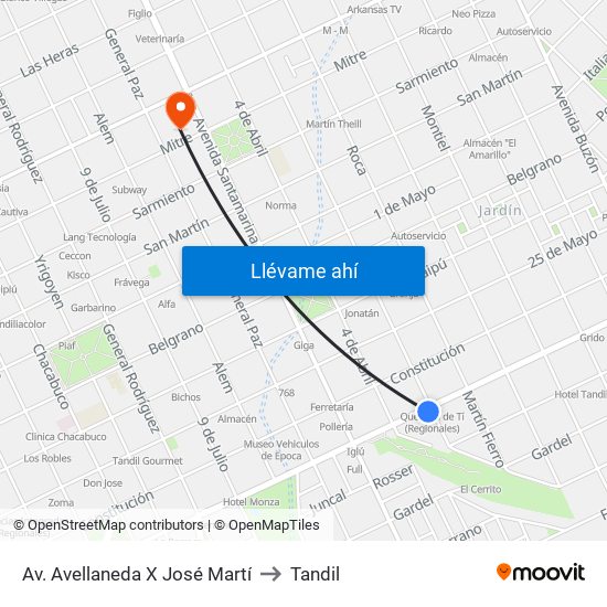 Av. Avellaneda X José Martí to Tandil map