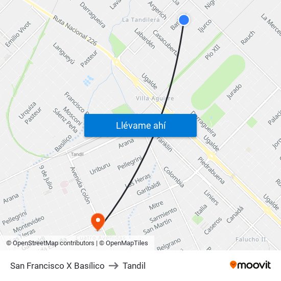 San Francisco X Basílico to Tandil map