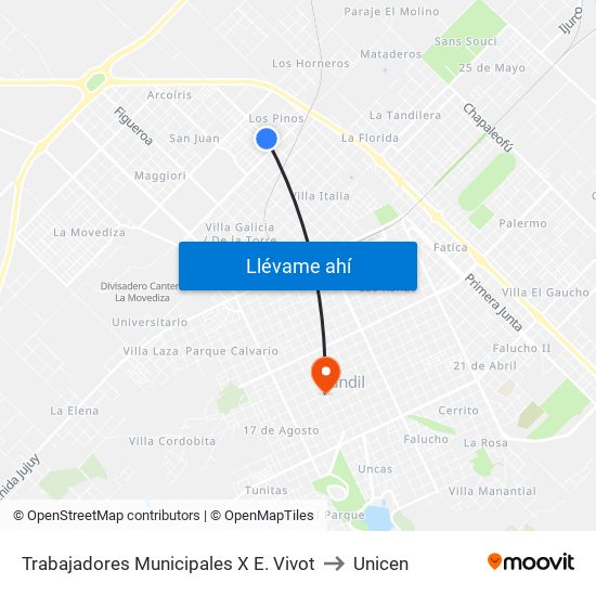 Trabajadores Municipales X E. Vivot to Unicen map