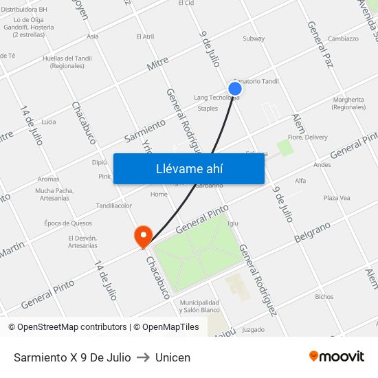 Sarmiento X 9 De Julio to Unicen map