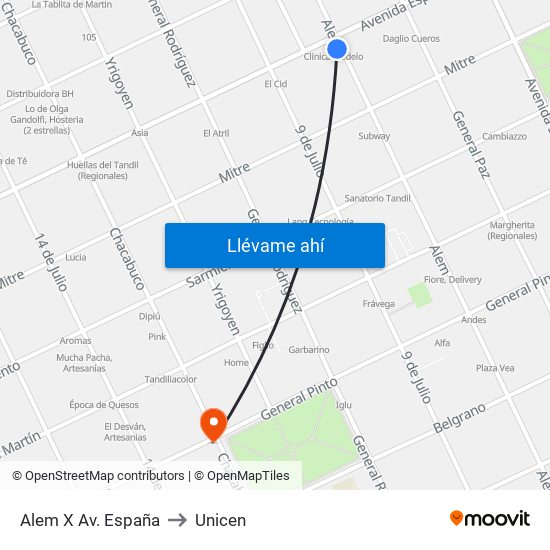 Alem X Av. España to Unicen map