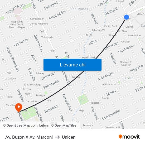 Av. Buzón X Av. Marconi to Unicen map