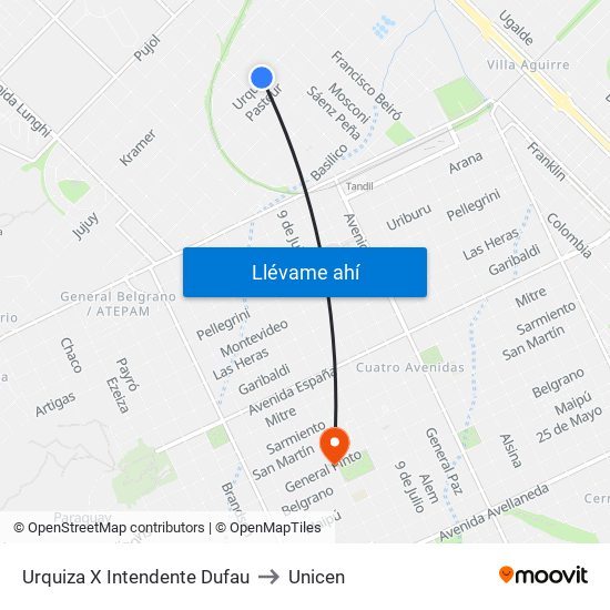 Urquiza X Intendente Dufau to Unicen map