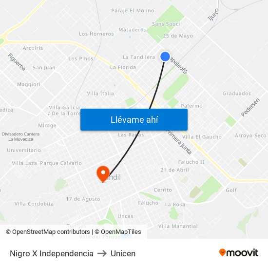 Nigro X Independencia to Unicen map