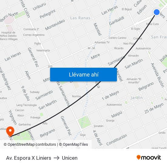 Av. Espora X Liniers to Unicen map