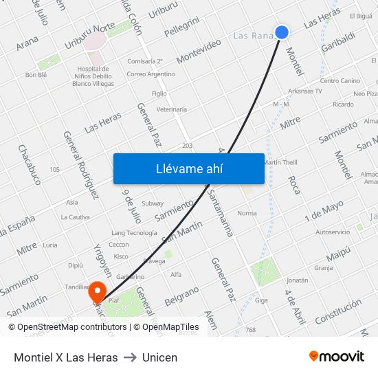 Montiel X Las Heras to Unicen map