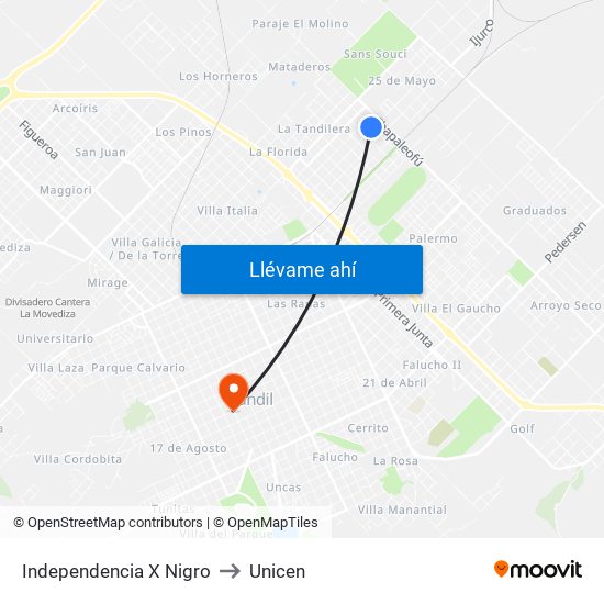 Independencia X Nigro to Unicen map