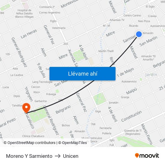 Moreno Y Sarmiento to Unicen map