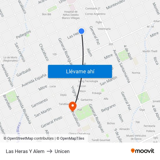 Las Heras Y  Alem to Unicen map