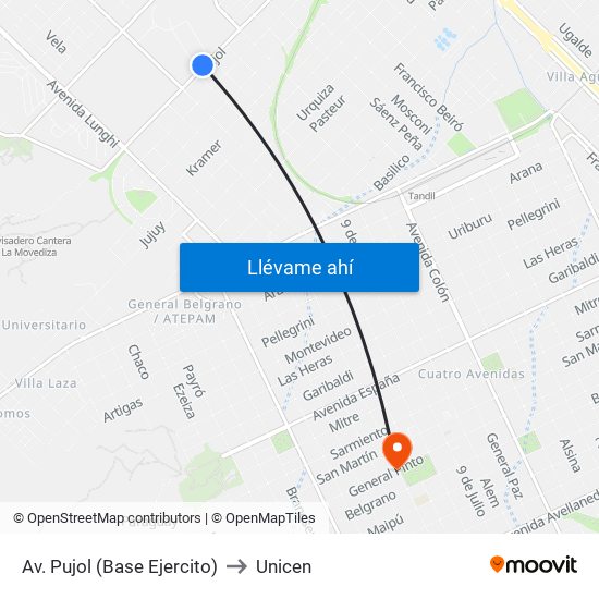 Av. Pujol (Base Ejercito) to Unicen map