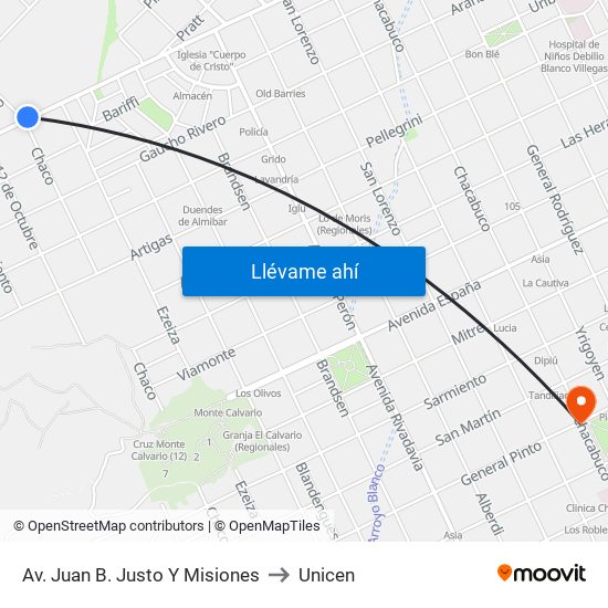 Av. Juan B. Justo Y Misiones to Unicen map