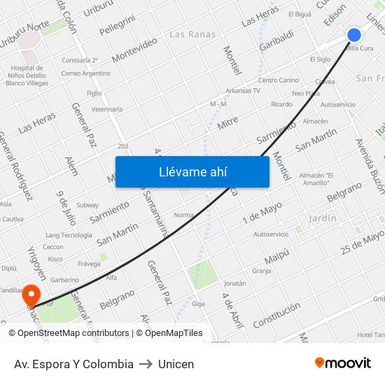 Av. Espora Y Colombia to Unicen map