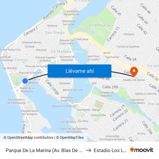 Parque De La Marina (Av. Blas De Lezo - Kr 1) to Estadio Los Leones map