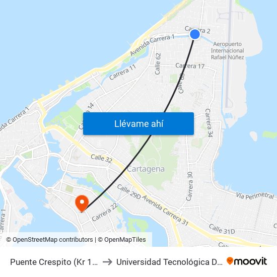 Puente Crespito (Kr 1 - Cl 70) to Universidad Tecnológica De Bolívar map