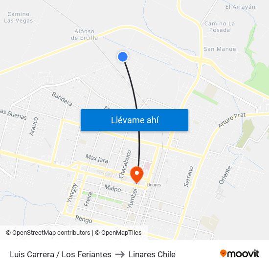 Luis Carrera / Los Feriantes to Linares Chile map