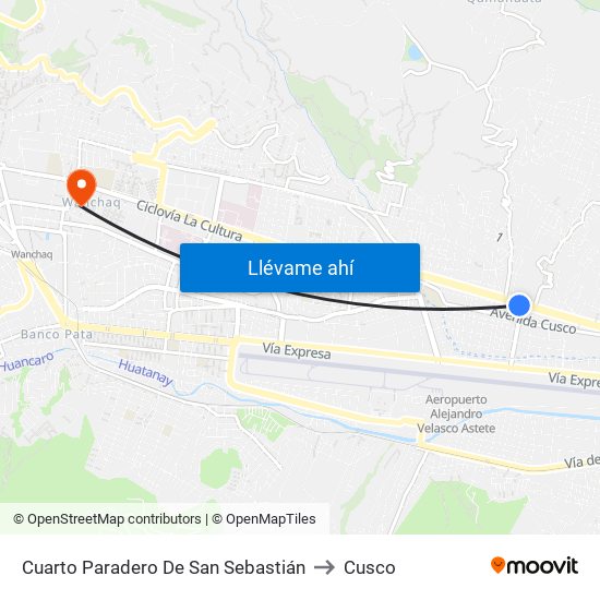 Cuarto Paradero De San Sebastián to Cusco map