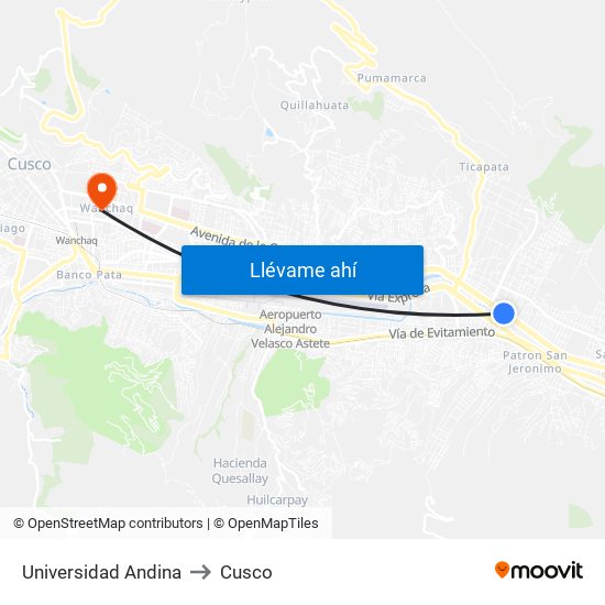 Universidad Andina to Cusco map