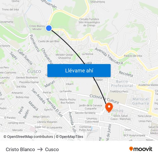 Cristo Blanco to Cusco map