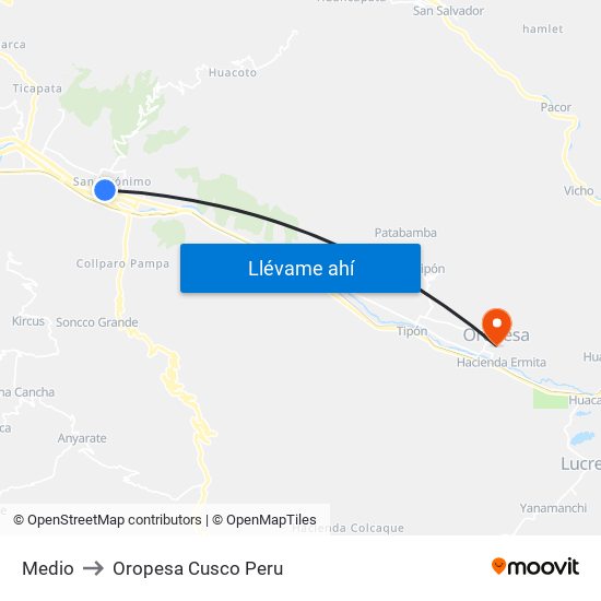 Medio to Oropesa Cusco Peru map